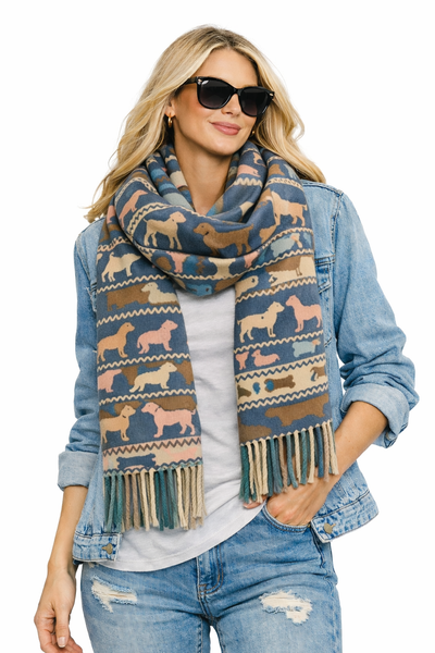 "Zwillingsherz Damen Schal Tuch Mit Fransen Blau \"Dog Hund Knochen\" (0382)"-image