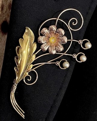 Van Dell 12K GF Sterling Floral Spray Brooch Rose Gold Pearl Rhinestone 4.25 