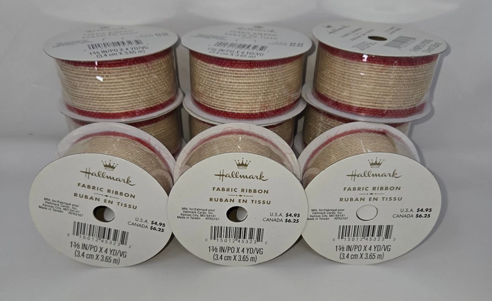 Hallmark Fabric Ribbon Beige Red 12 Rolls 1-3/8" x 4 Yards Each Sealed Bows - Image 2 of 4