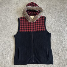 Woolrich Womens Vest Jacket Medium Buffalo Check Lambs Wool Faux Fur Hooded