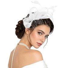 1pc Tea Party Fascinator Headband for Women Mesh and Feather Tea 0-1 White