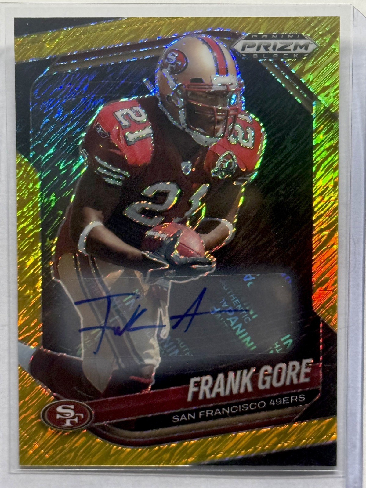 Frank Gore 2025 Panini Prizm Black Auto Gold Shimmer Prizm FOTL /10 49ers KG view 1
