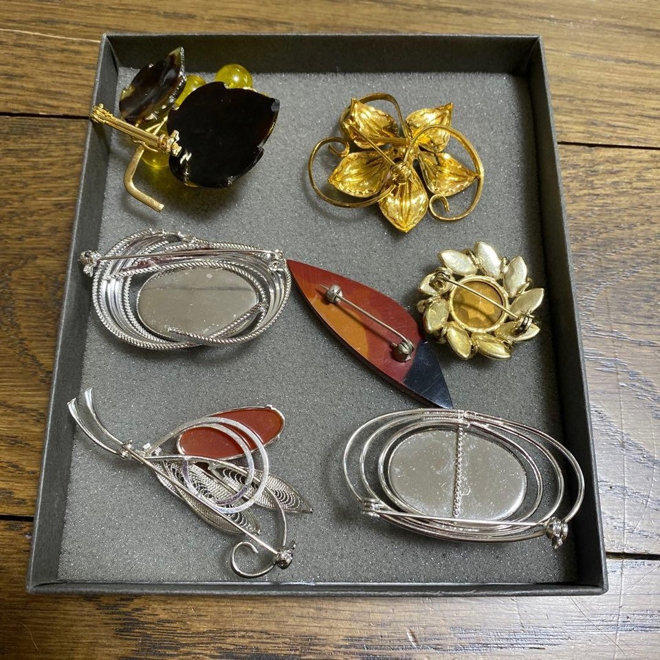 Stone Yellow Color Vintage Brooch Lot of 7, Fruit Flower Leaf Oval Color Stone Designs ...