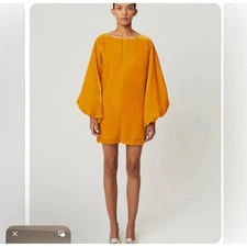 RHODE Benji Balloon-Sleeve Velvet Mini Dress Gold Puff Balloon Sleeve Party