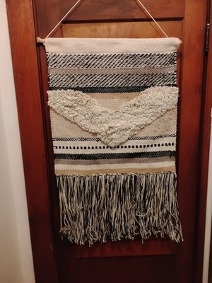 Handwoven Wool Macrame Wall Hanging Art Boho Fringe Tapestry Cream   39 x 24''