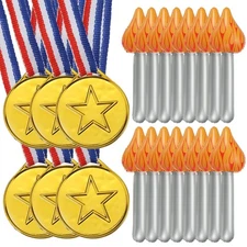 6Pcs 1.5" Plastic Gold Winner First Medals with Star & 16Pcs Inflatable Torch