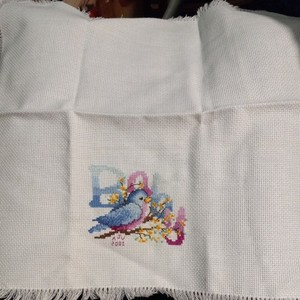 Vintage Handmade Cross-Stitch Baby Crib / Carriage  14" x 14" Bird Baby