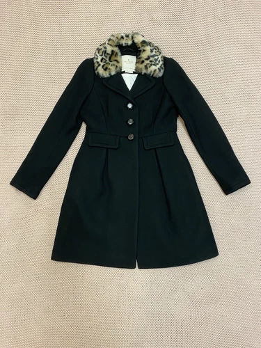Cappotto Kate Spade in lana nero con collo in pelliccia sintetica stampa leopardata rimovibile taglia 2