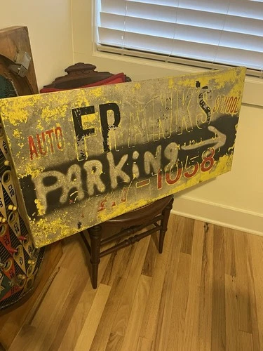 Vintage Metal Advertising Sign Franks Garage Car Taxi Topper 50’s Large 36”x18”