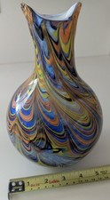 Vintage MCM Murano Style Multicolor swirled cased Art Glass Vase Italy 9  5 hvey