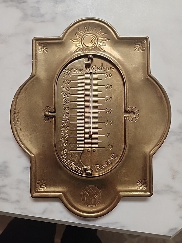 Gothic Revival Brass Wall Thermometer 20th Century With Swiveling Plate,GUMP'S