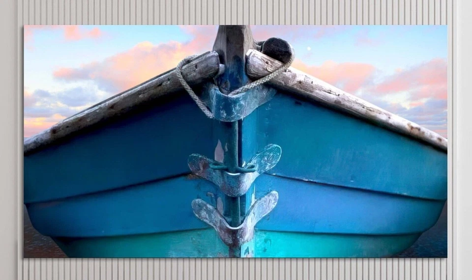 Wooden boat navy blue canvas or poster print ship beach coastal wall art decor - Image 2 of 4