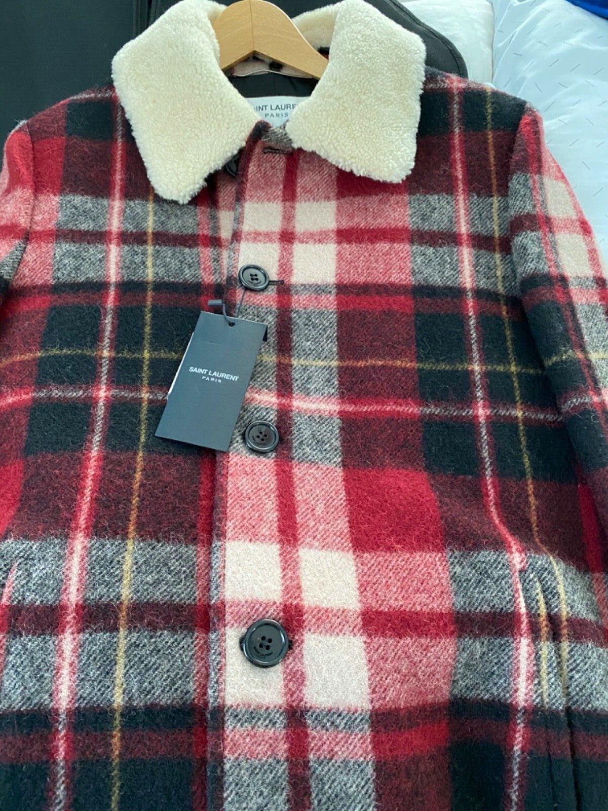 Cappotto a quadri Saint Laurent nuovo con etichette colletto shearling IT46 piccolo