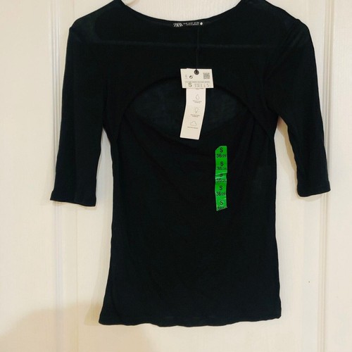 Top de mujer ZARA tejido recortado media manga cuello redondo negro talla pequeña nuevo con etiquetas - Imagen 2 de 11