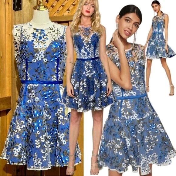 $498 Vestido de Cóctel BRONX & BANCO NUEVO CON ETIQUETAS Azul y Blanco Floral Malla Bordada M 6 Foto 2 de 4