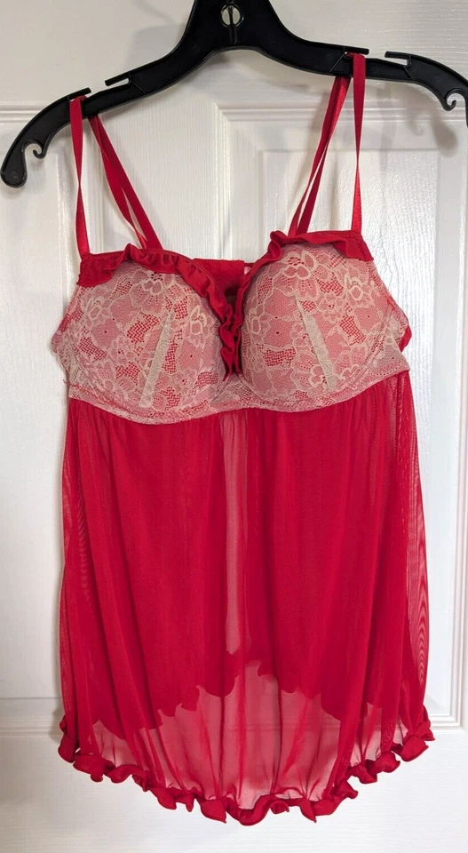 Babydoll Jezebel Felina Red Mesh & Gold Lace Flyaway Negligee con Sujetador con Aros L Foto 2 de 4