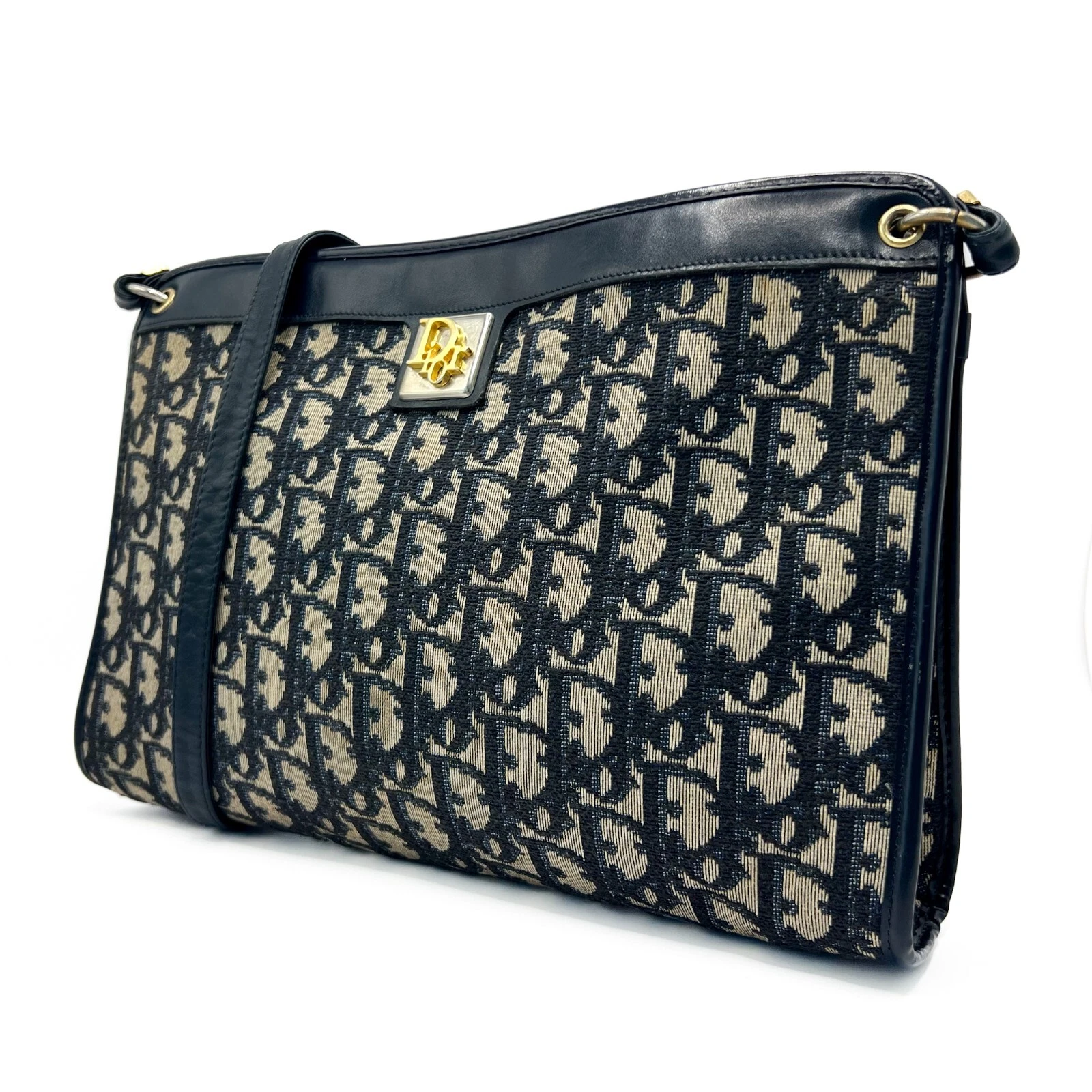 Sac bandoulière Christian Dior trotteur toile cuir bleu marine doré vintage authentique