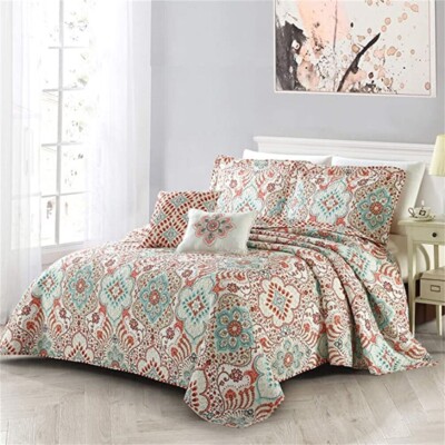 Bennington Damask 5-Piece Floral Printed Reversible Bedspread Set   Lightweight