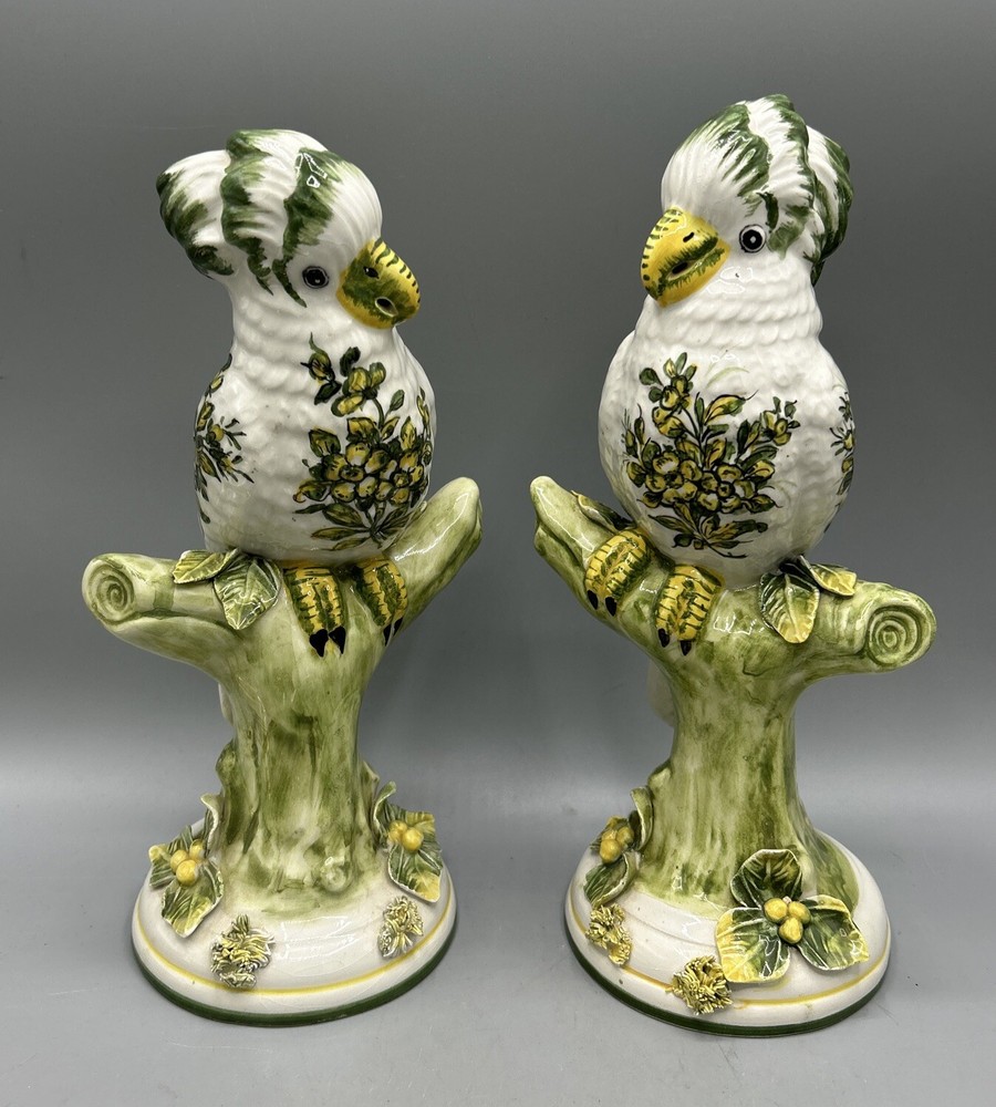 Vtg Rare Set Bassano Cockatoo parrot figurines Made In Italy 9.5 In signed READ