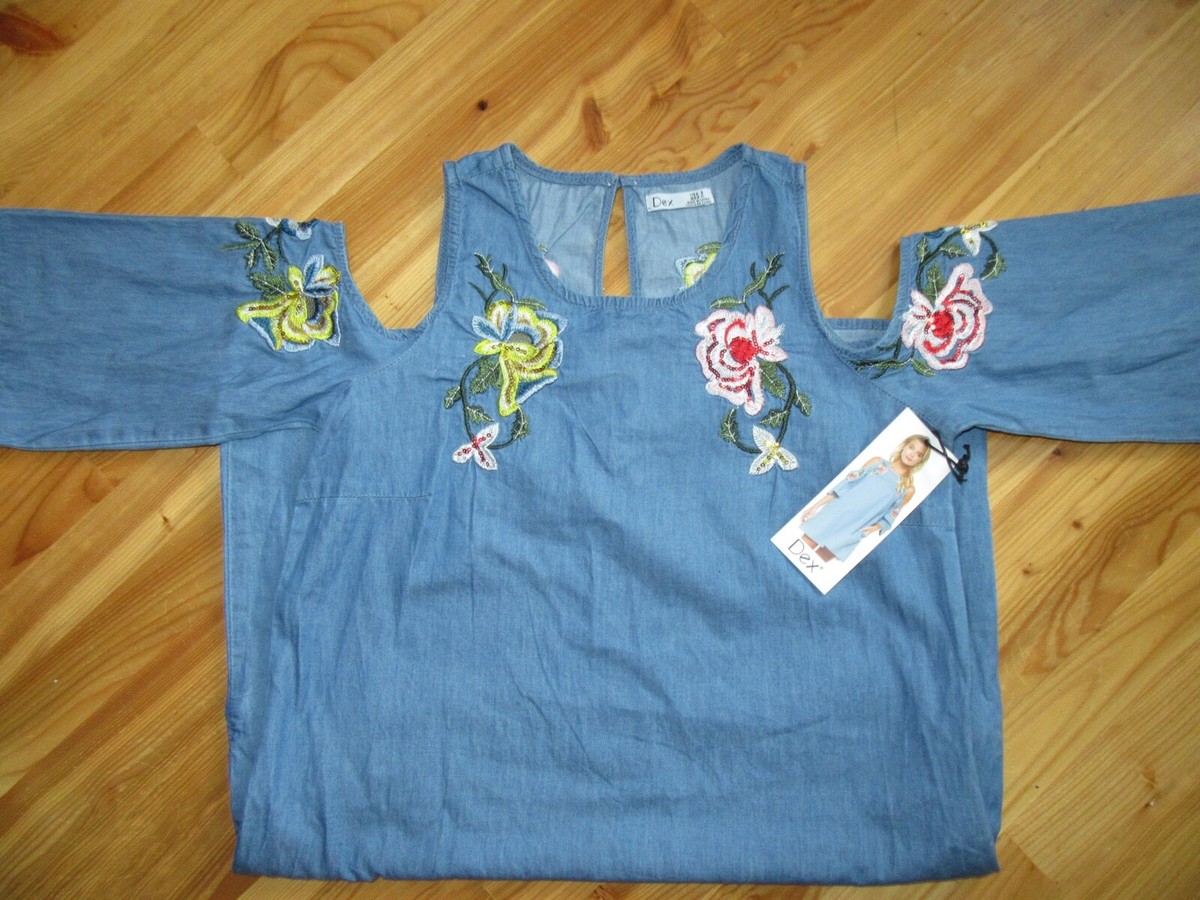 Dex S Faded Denim Embroidered Open Shoulder Pockets Dress Denim NWT Very NICE