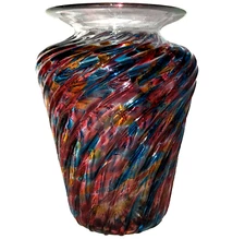 WIMBERLEY GLASSWORKS '95 Glass 9.5" VASE Rainbow Swirl Spatter Ribbed Signed WGW