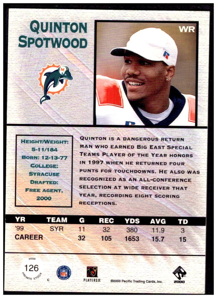 2000 Pacific Private Stock #126 Quinton Spotwood Premiere Date #/95 - Image 2 of 2