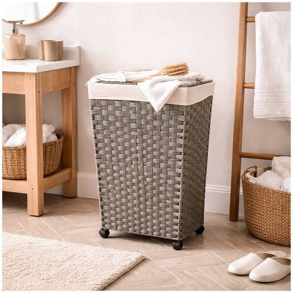WäSchesammler 40 Liter Grau Polyrattan WäSchekorb Mit Rollen Hti-Living-image