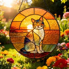 Sunset Cat Stained Glass Suncatcher, Round Window Hanging Gift for Cat Lovers