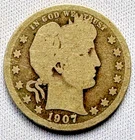 1907 Barber Quarter - U.S. 25 cents silver coin in circulated condition