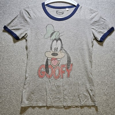Disney T-shirt Women's Size M Ringer Goofy Gray Blue Short Sleeve Cotton Blend