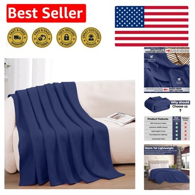 Elegant 100% Cotton Waffle Throw Blanket in Navy - Soft & Lightweight 50'' x 60''