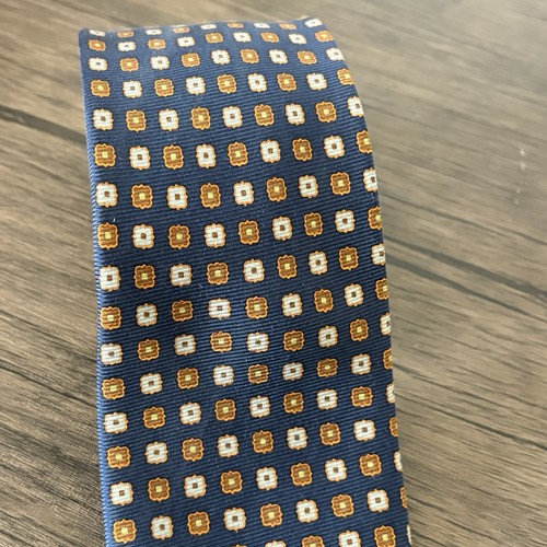Peter Millar 100% Silk Tie Hand Folded Blue Cream Brown Squares 59” Long 3” Wide - Picture 2 of 6