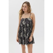 Urban Outfitters Lucia Black Floral Plisse Tiered Mini Babydoll Dress L