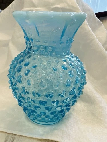 Fenton Blue Hobnail Vase Opalescent Milk Glass Vintage Ruffled Rim Mid Century