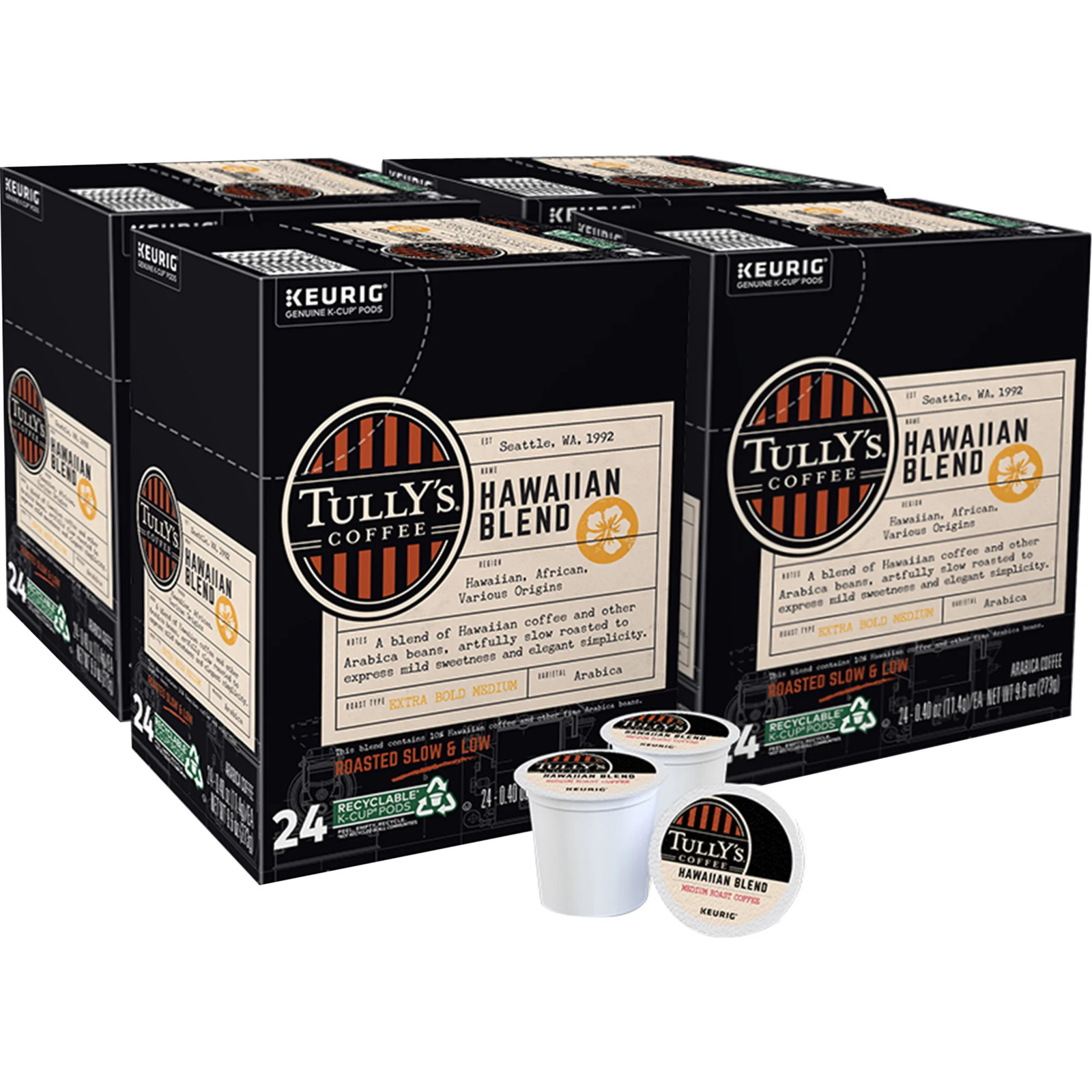 Tully&rsquo;s Coffee Hawaiian Blend Single-Serve K-Cup, 24 Cartons Per Box