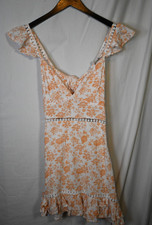 MINKPINK Floral Ruffle Mini Dress Size L White Orange Boho Tie Back Summer 468