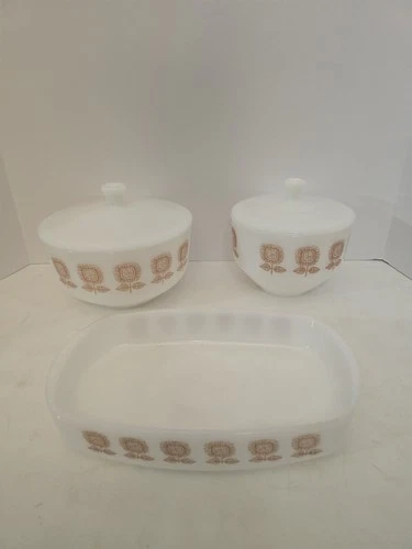Vintage Federal Glass Covered Brown Sunflower Pattern Set 2 Bowls 1 Dish
