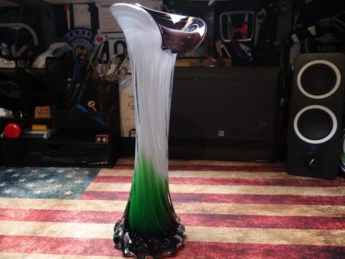 Vintage Murano glass flower vase 11" tall green white and purple