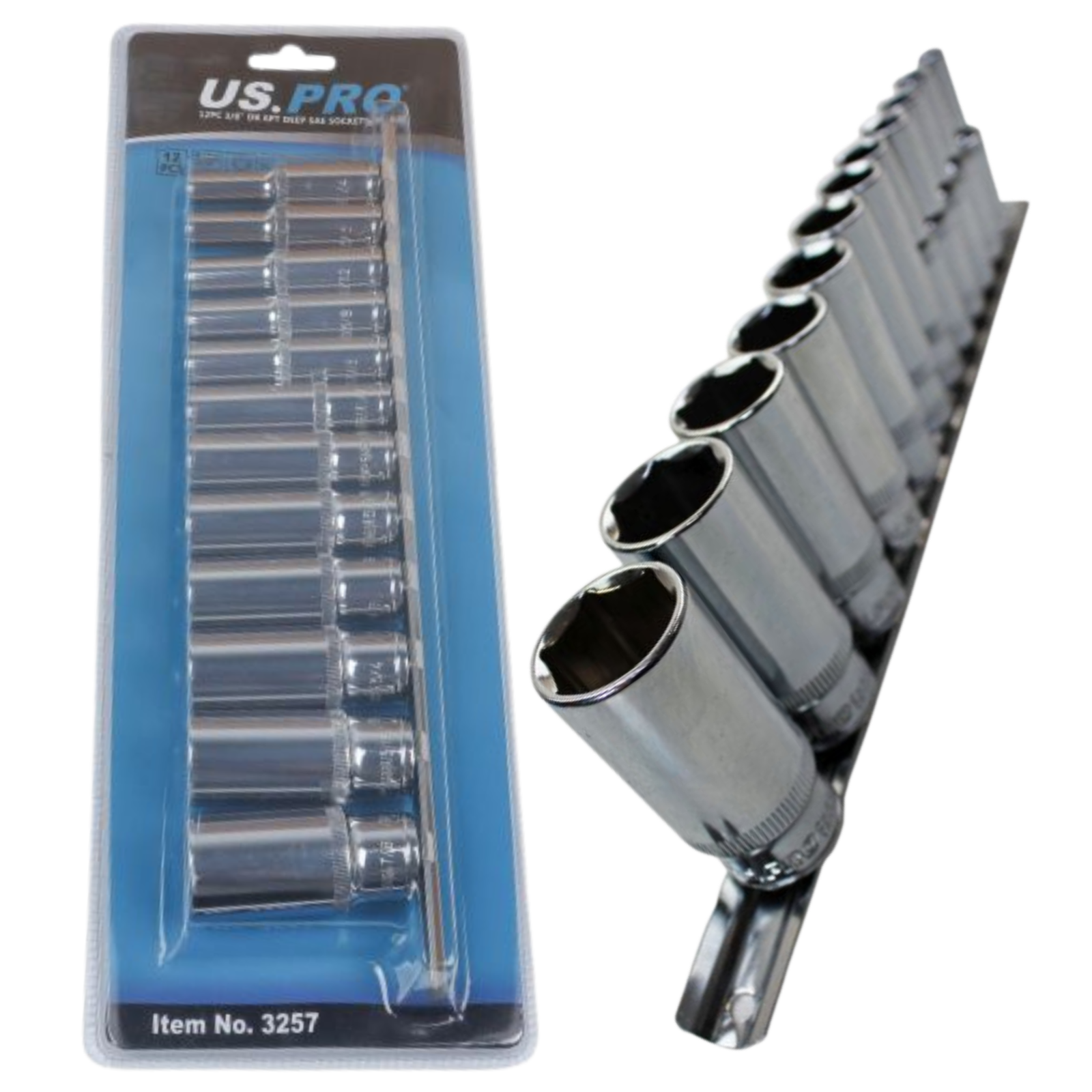 US PRO 12PC 3/8"" DR Deep SAE Socket Set 6-Point CR-V Steel on Rail – 3257