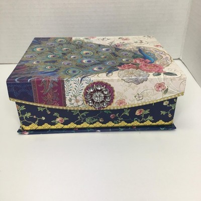 Punch Studio Peacock Decorative Keepsake Box Rhinestone Floral 7x6x3