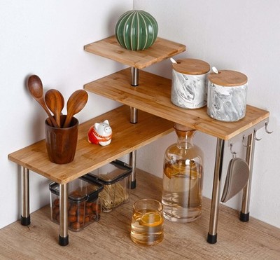 Bamboo Countertop Shelf Storage Spice Rack, 3 Tier Desktop Shelves Space Saving