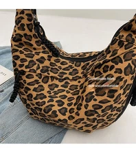 Classic Tan Leopard Print Hobo Bag Slouchy Crescent Crossbody Shoulder Purse