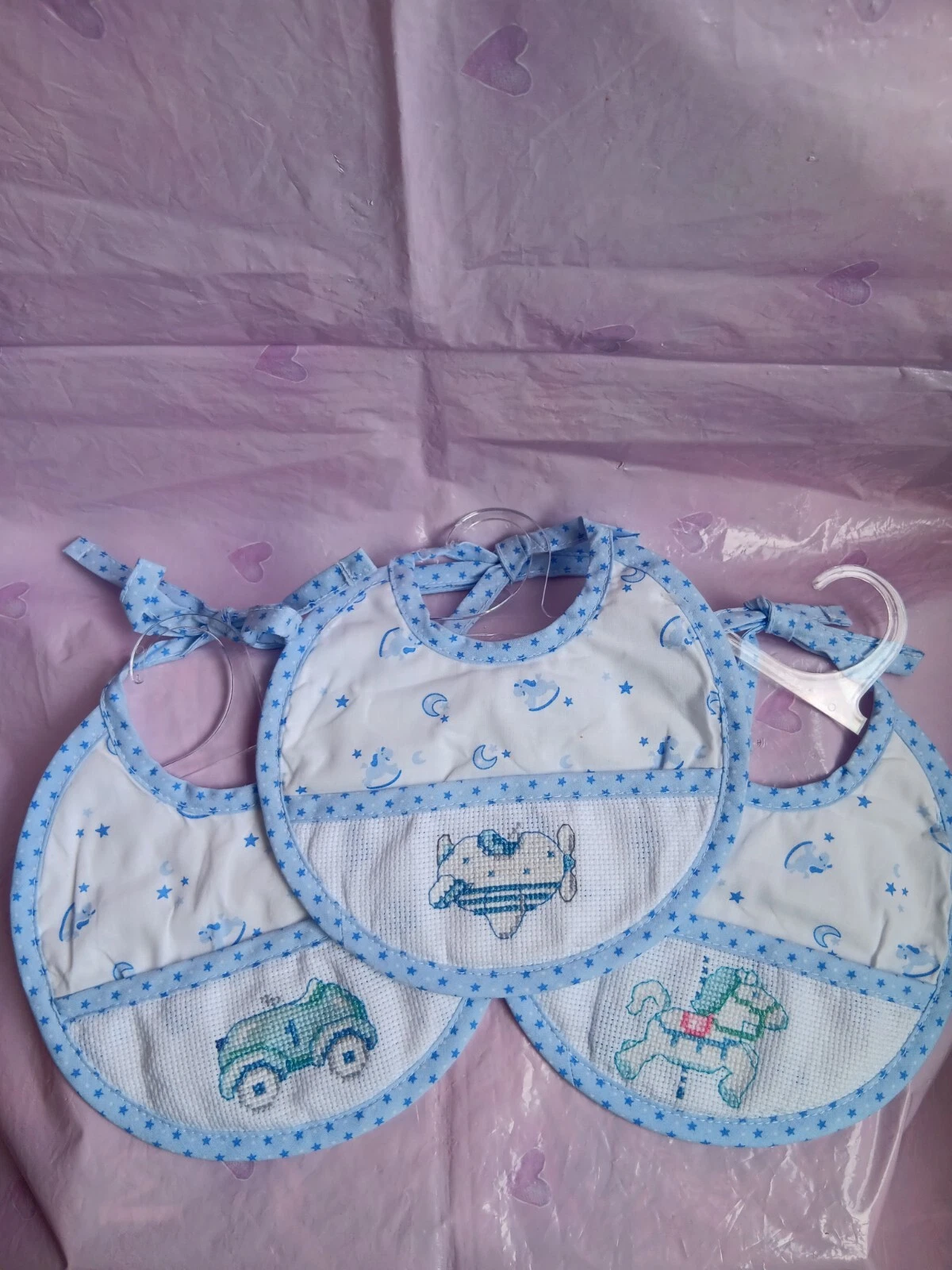 Pack of 3 Hand Cross Stitched DMC Blue Baby Bib (Personalization Available)
Opens in a new window or