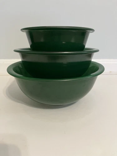 Pyrex Forest Green Clear Glass Bottom Nesting Mixing Bowls LOT OF 3