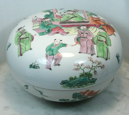 Large Antique Chinese Famille Rose Covered Porcelain Bowl Hand Painted Garden