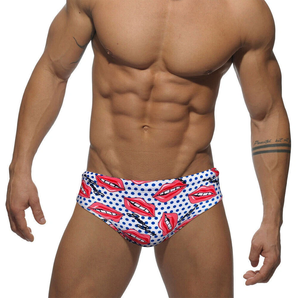 Men's Polka Dot Red Lips Print Swim Briefs Swimwear Trunks Beach Shorts  Swimsuit