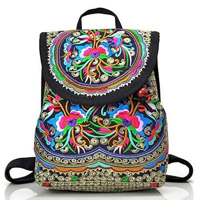  Vintage Embroidered Women Backpack Ethnic Travel Handbag Shoulder Red