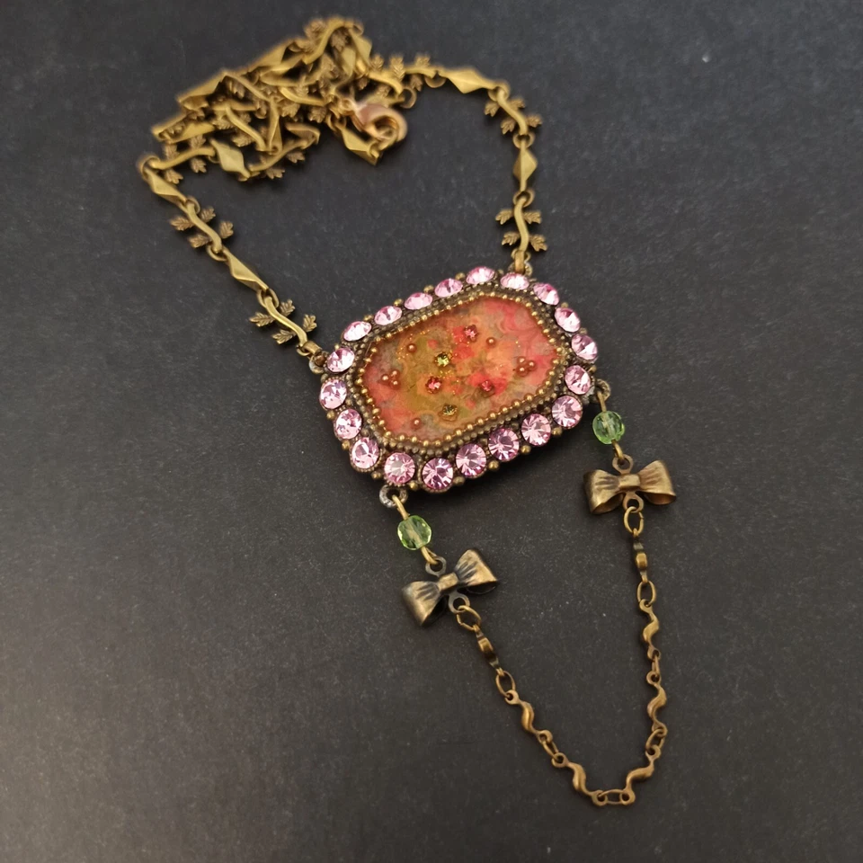 Collar Michal Negrin Grande Cristales Rosa Declaración Hoja Cadena Victoriano Retro Foto 3 de 4