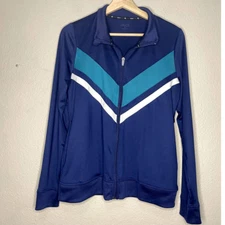 Zelos Jacket Womens Small Blue White Stripe Stretch Collar Full Zip Up 90s Y2K