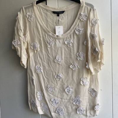 NWT French Connection - Sheer Ivory Blouse T-shirt Appliqué 3D flowers - Size 10